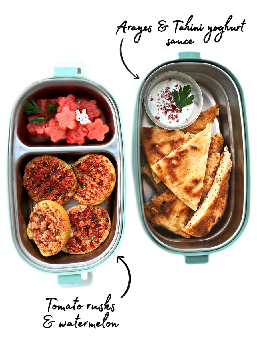Lunchbox: Arayes with tahini yoghurt and watermelon
