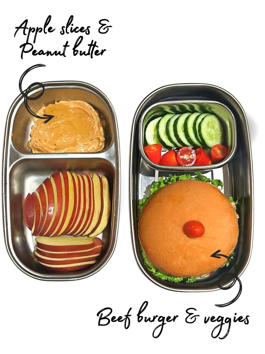 Lunchbox: Beef burger with veggies, apple and peanut butter