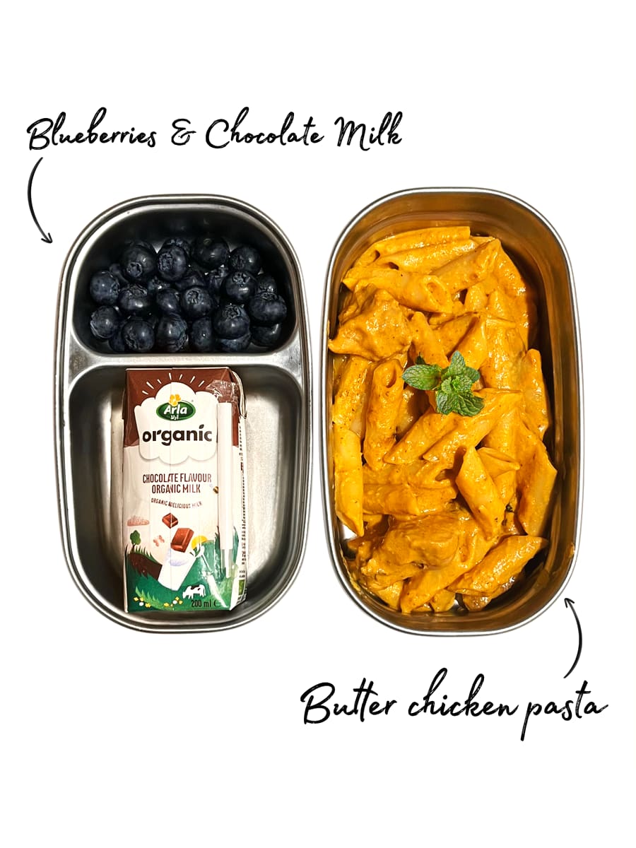 Lunchbox: Butter chicken pasta with blueberries