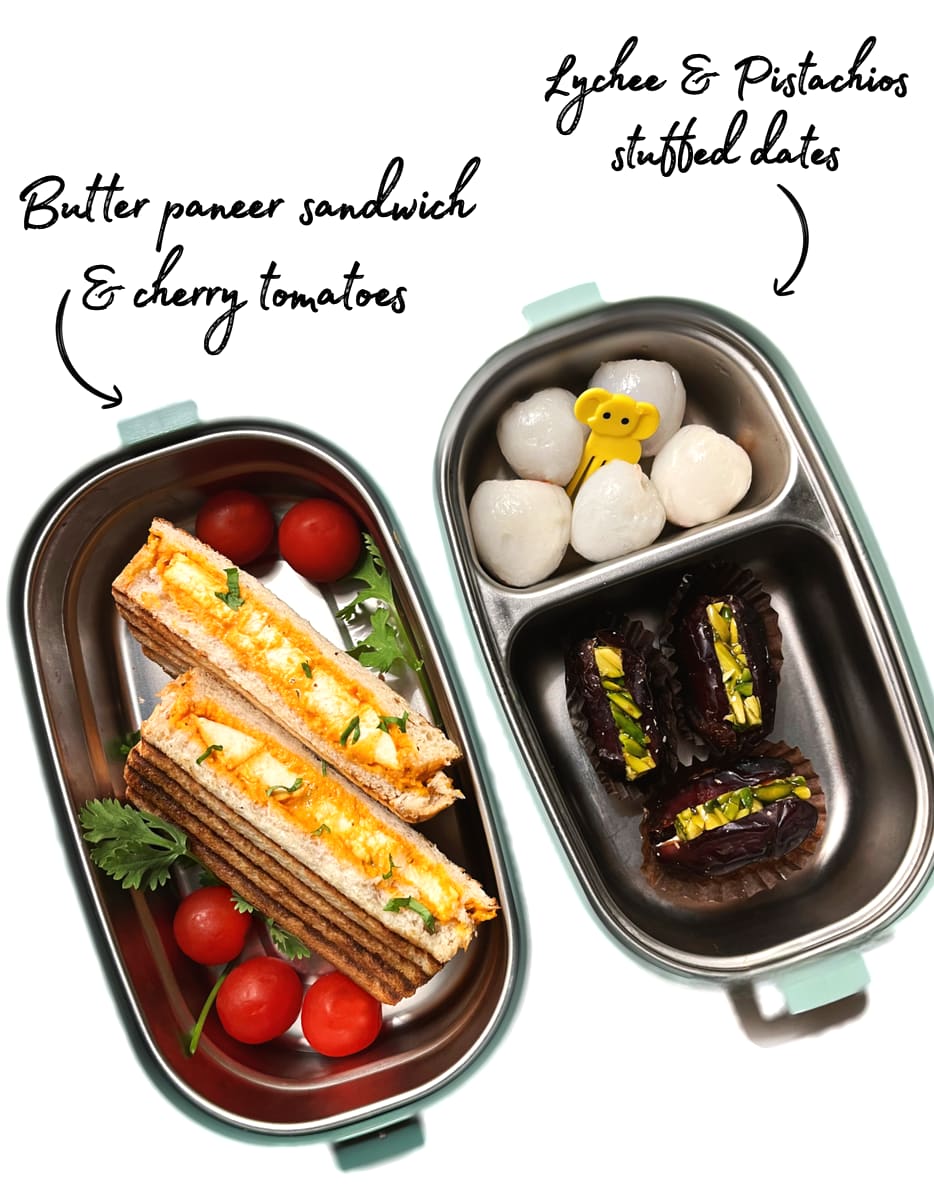 Lunchbox: Butter paneer sandwich, lychee & stuffed dates