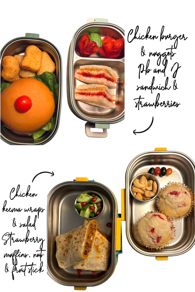 Lunchbox: Chicken keema wraps, burger and nuggets