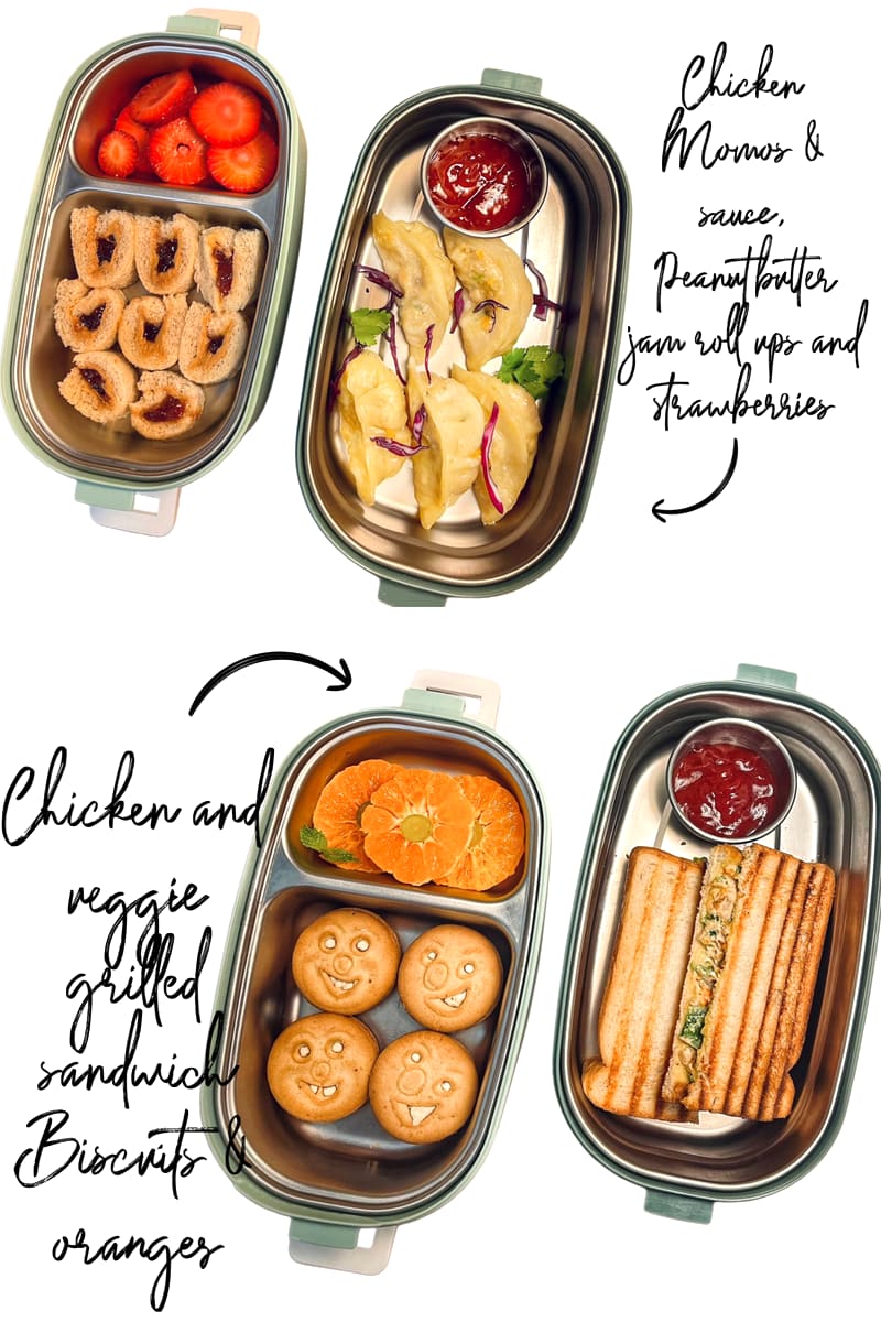 Lunchbox: Chicken momos with grilled sandwich and oranges