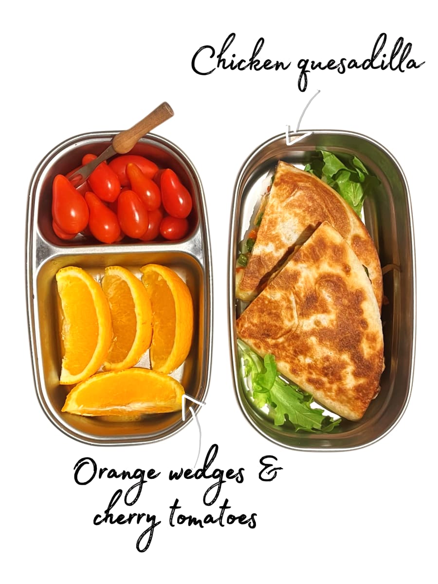 Lunchbox: Chicken quesadilla with orange and cherry tomatoes
