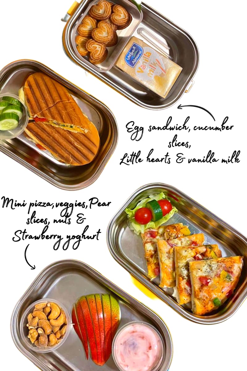 Lunchbox: Egg sandwich and mini pizzas with pear