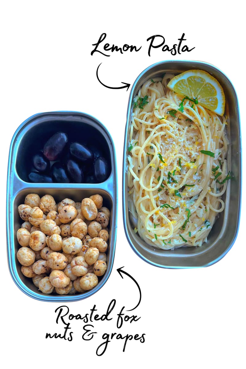 Lunchbox: Lemon pasta with fox nuts and grapes