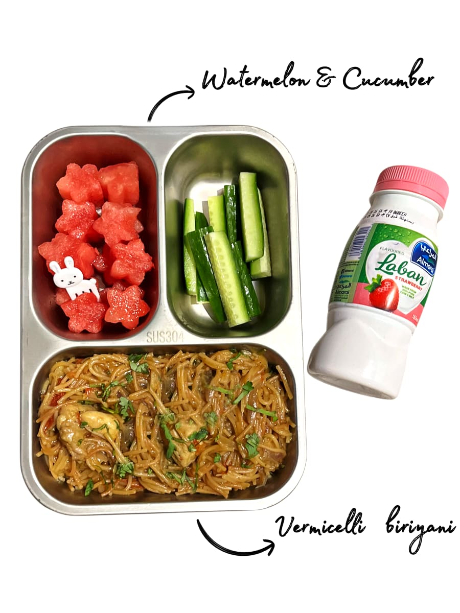Lunchbox: Vermicelli biriyani with watermelon and cucumber