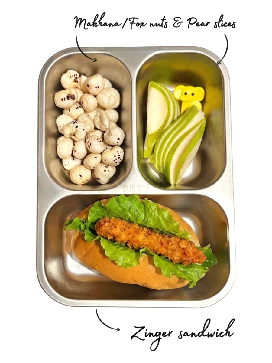 Lunchbox: Zinger sandwich with pear and makhana